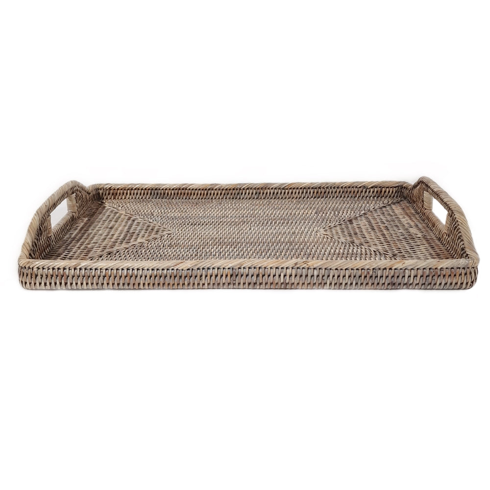 Large grey rattan oblong morning tray by Sable Homeware, featuring a woven design ideal for serving or decorative use.