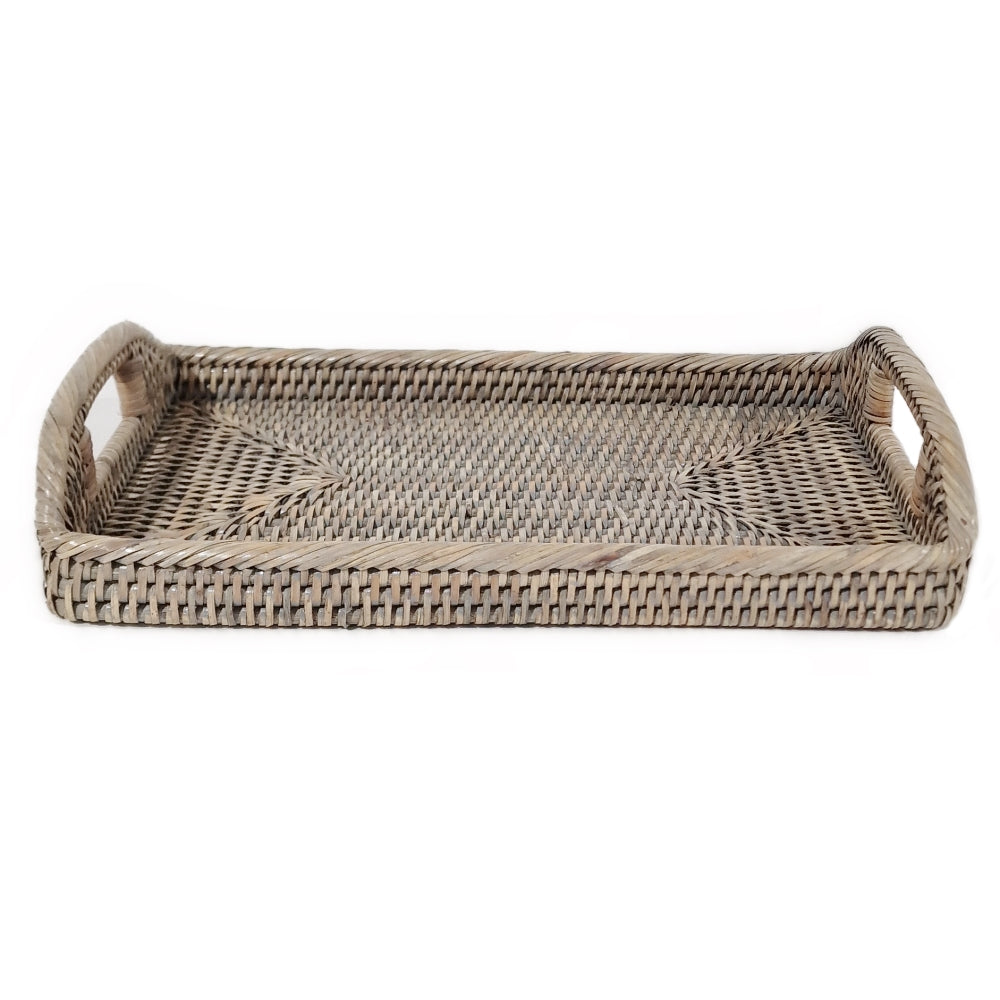 Grey rattan oblong morning tray from Sable Homeware, featuring a natural woven design for stylish home organization.