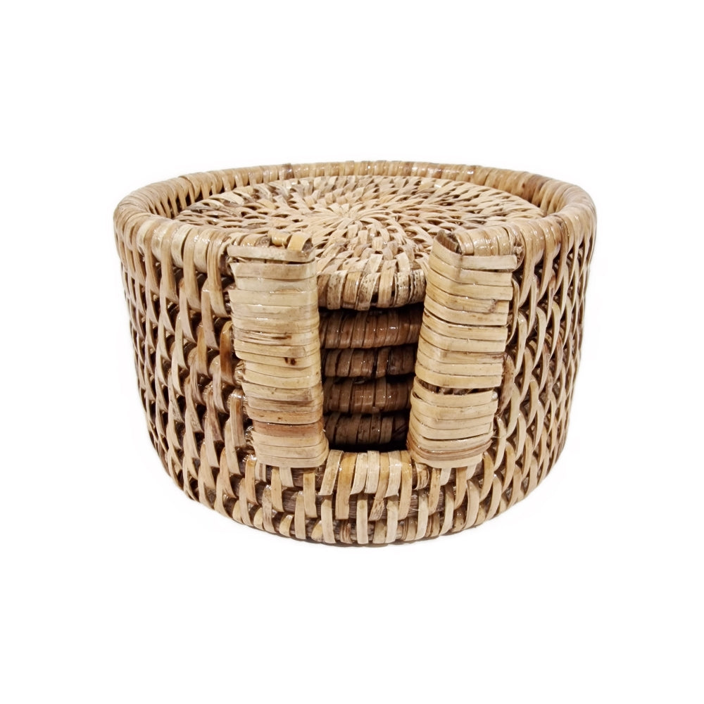 Six grey and natural rattan coaster set with holder from Sable Homeware, round coasters in natural finish, indoor homeware decor