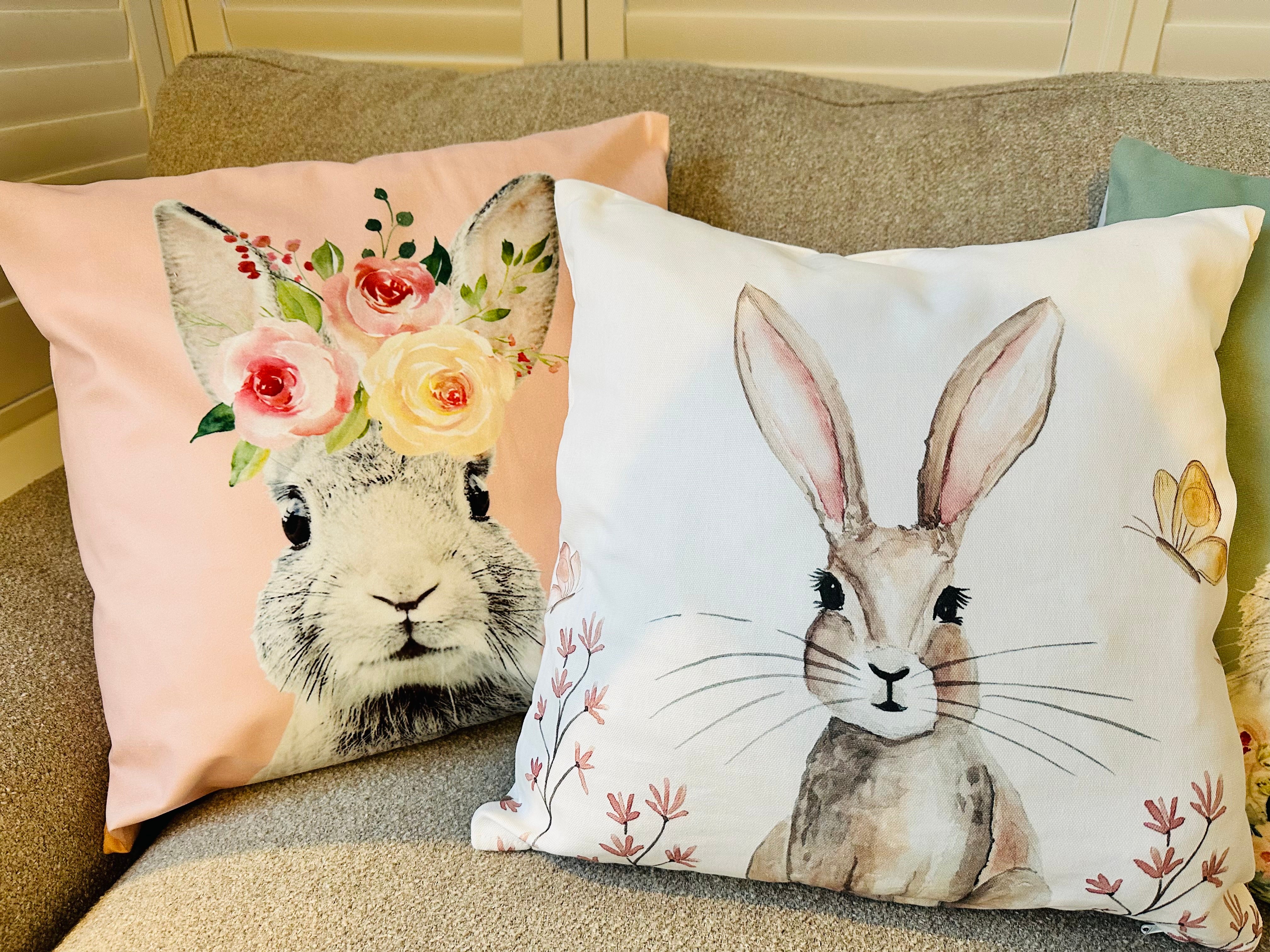 Shabbyquins Easter Bunny Cushion in three styles, soft fabric with embroidered bunny faces and pastel colors for spring decor.