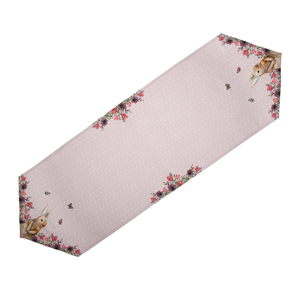 Sable Homeware Bunny Table Runner made of fabric, shown in two available lengths, featuring a charming bunny design on a tablecloth.