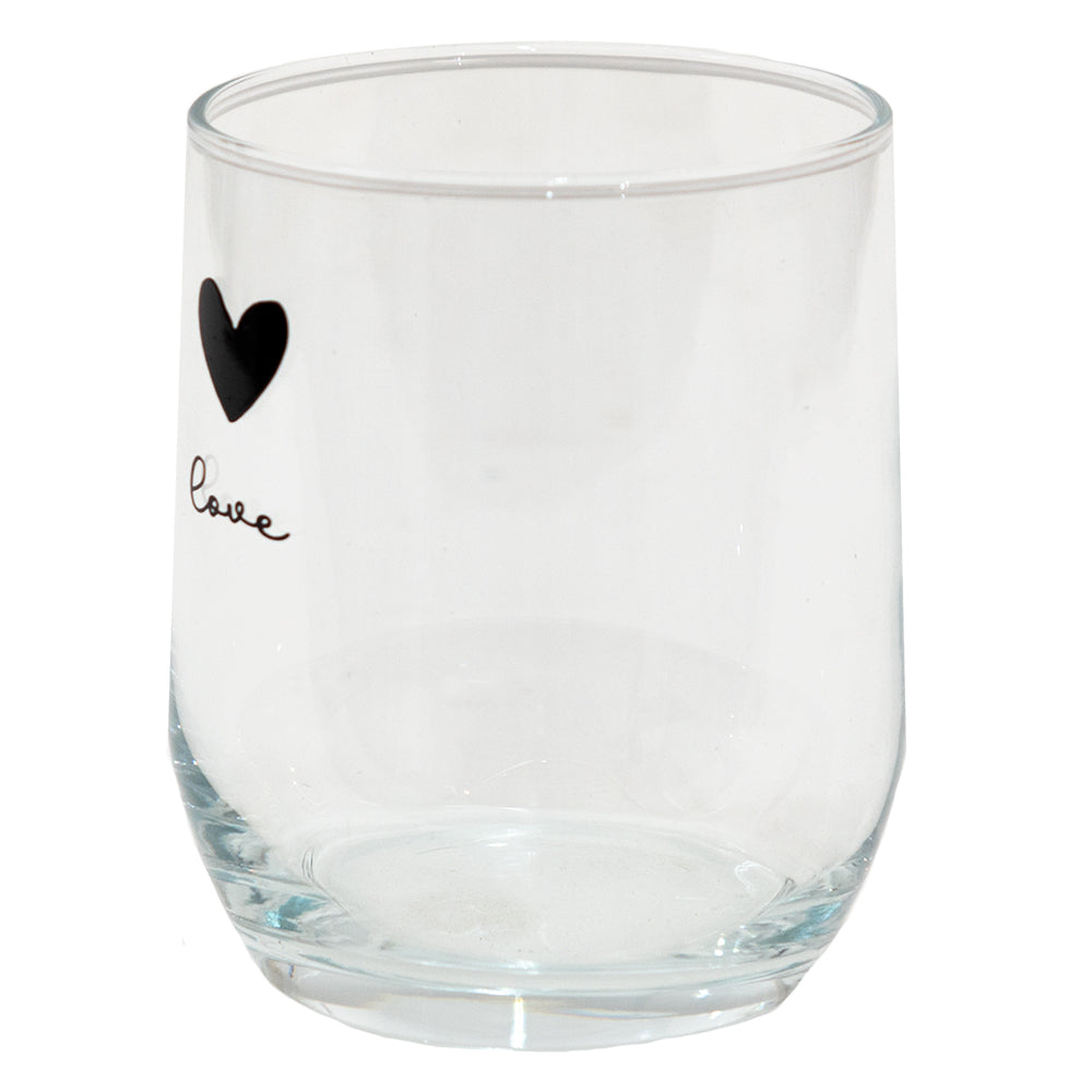 Clear glass heart-shaped mug and water carafe from Sable Homeware, shown with reflections and smooth glass surfaces.