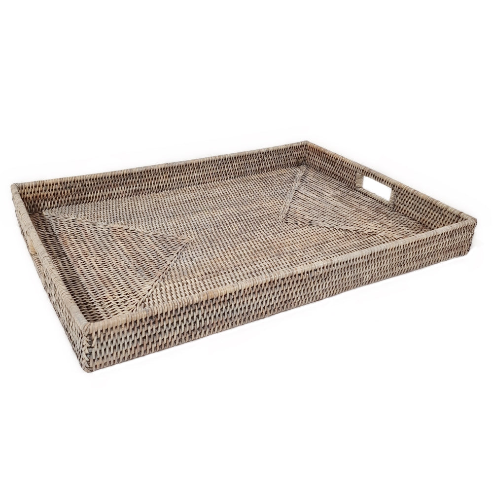 Large grey rattan ottoman tray from Sable Homeware, featuring a stylish woven design for home decor and organization.