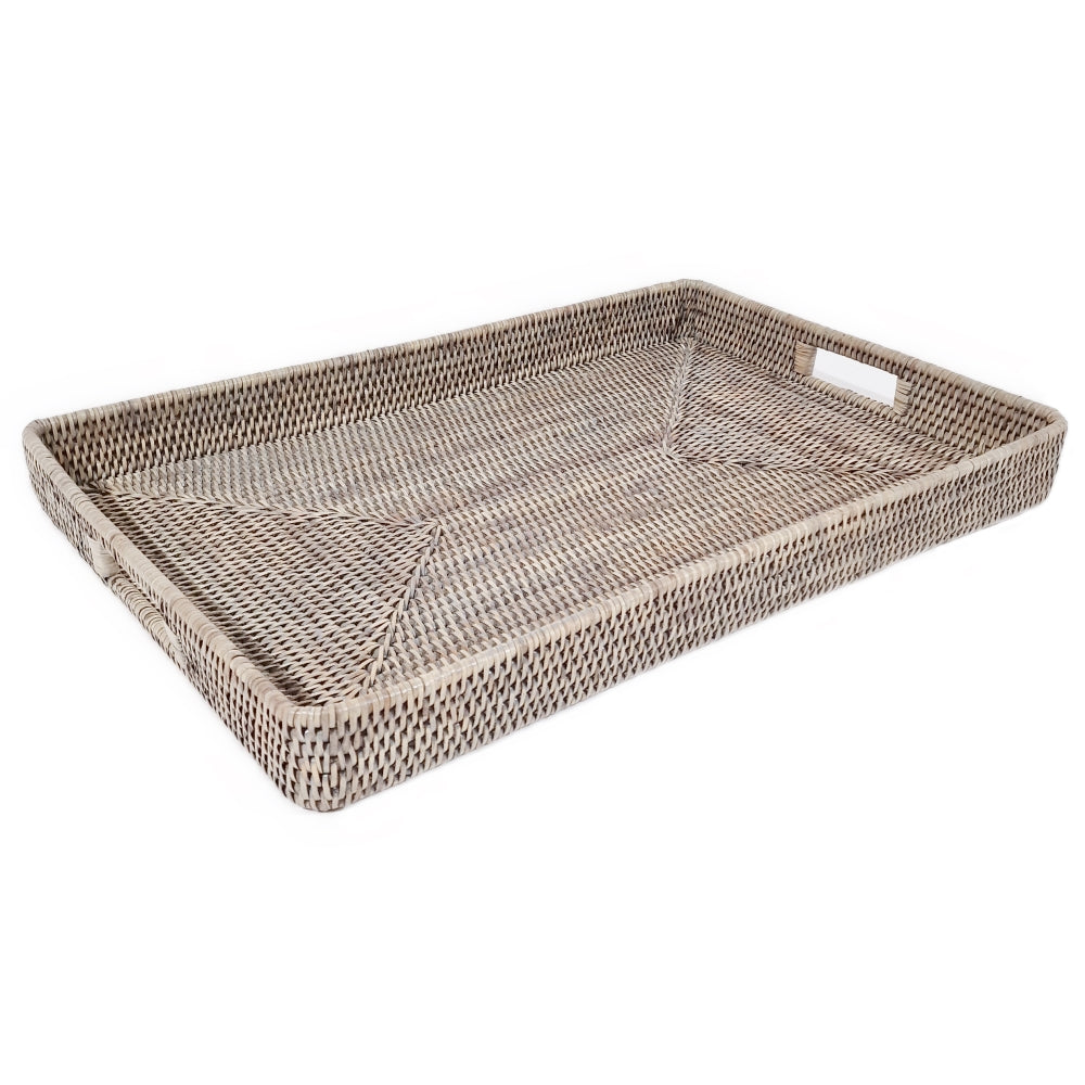 Medium grey rattan ottoman tray by Sable Homeware, showcasing its stylish woven design and functional surface for home decor.