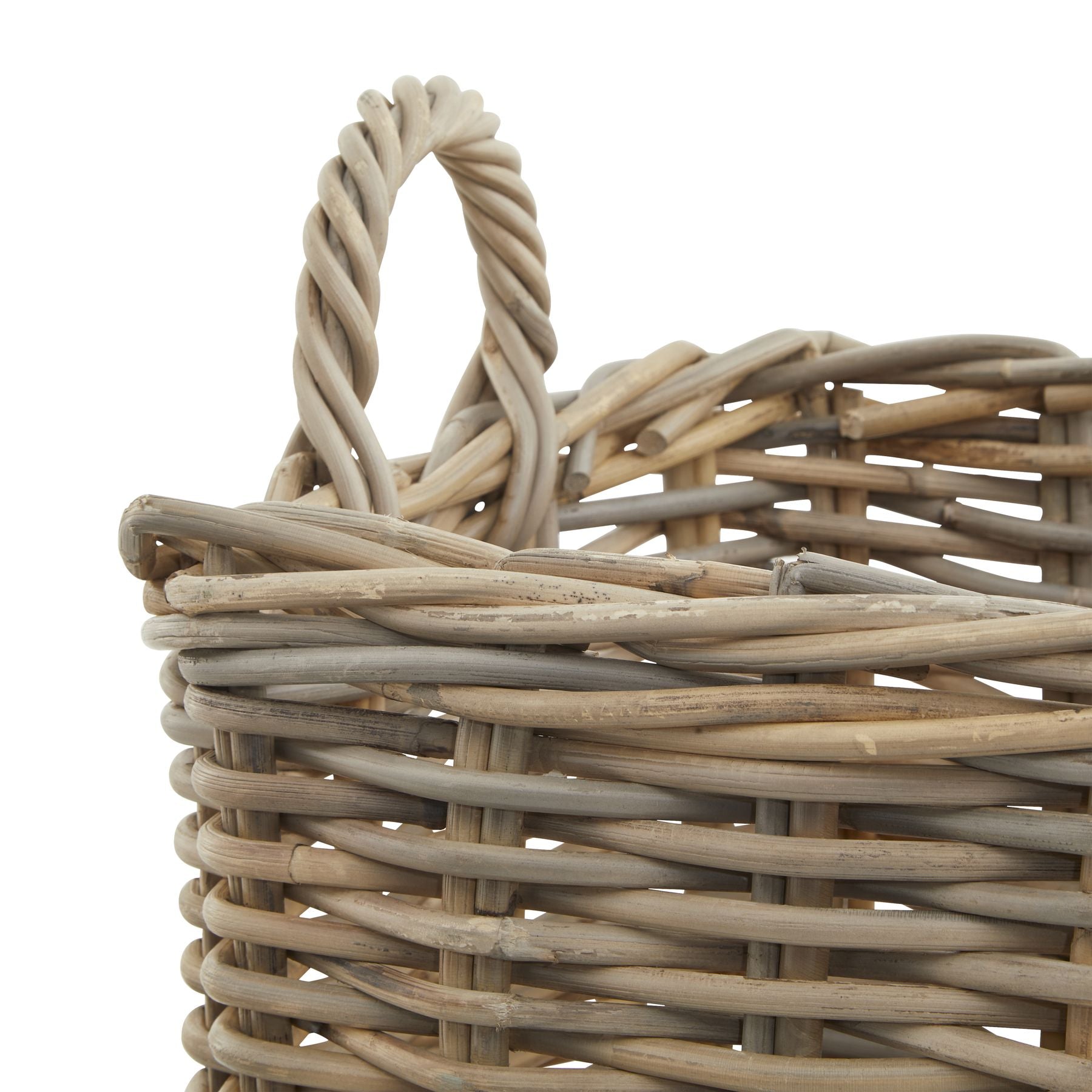 Rattan square wicker storage log baskets in three sizes, by Sable Homeware, with woven textures and handles for organizing firewood.
