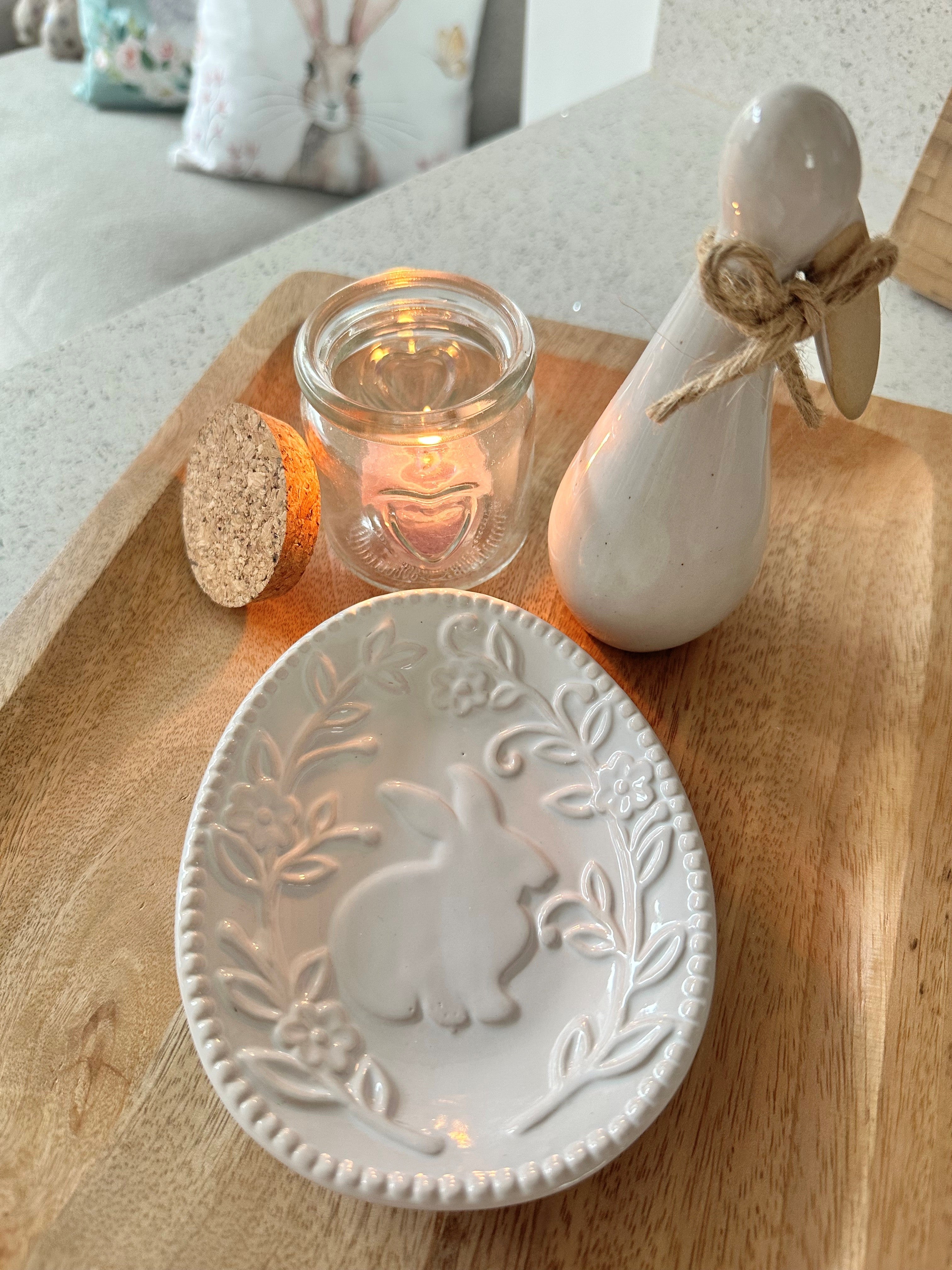 White embossed rabbit and flower china dish with intricate patterns, designed by Sable Homeware.