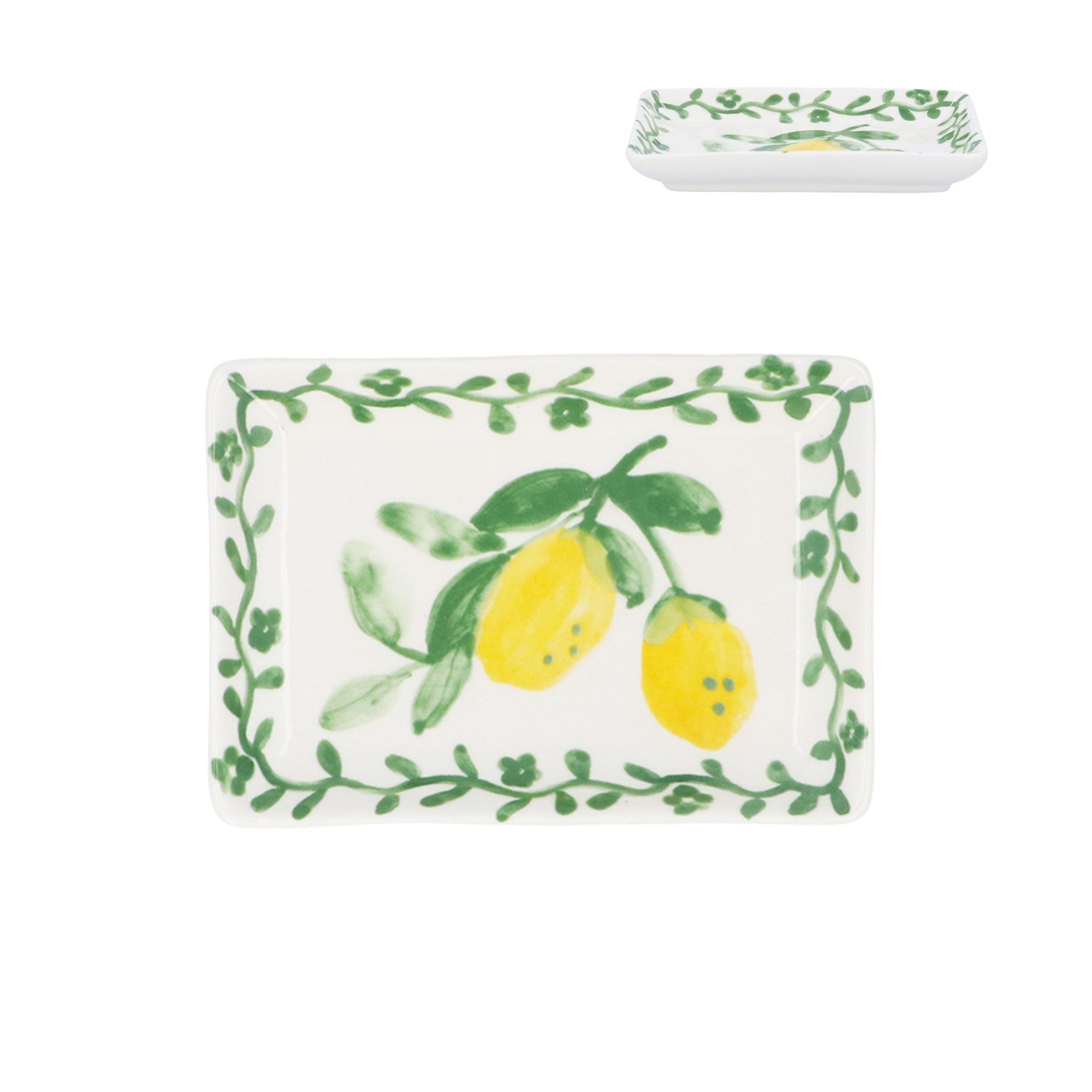 Shabbyquins Artisan Lemon Stoneware small rectangular serving plate used as a decorative vase with a rustic lemon design.