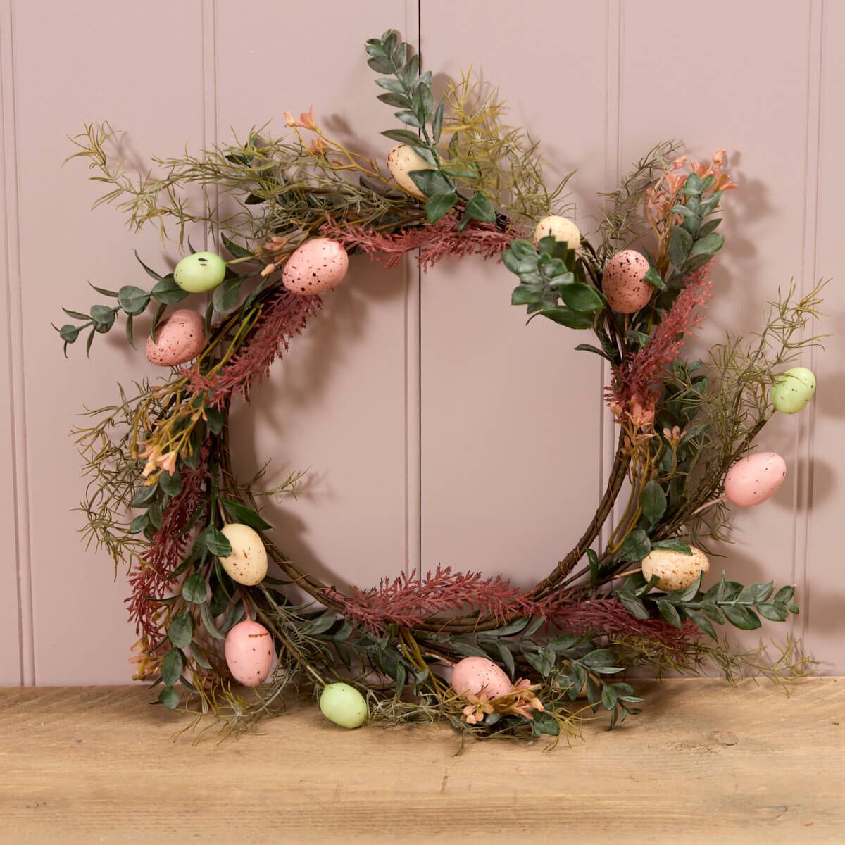 Shabbyquins Easter Egg and foliage spring wreath wall decoration with colorful eggs and greenery for festive decor