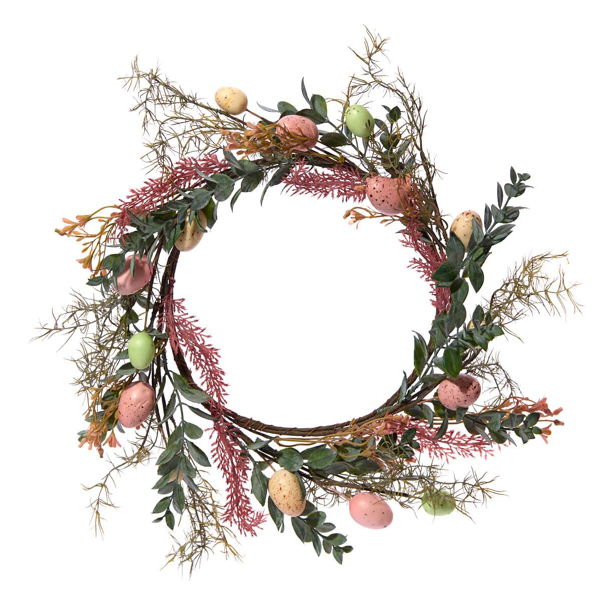 Sable Homeware Easter Egg and foliage spring wreath for wall or hanging decor with colorful eggs and greenery.