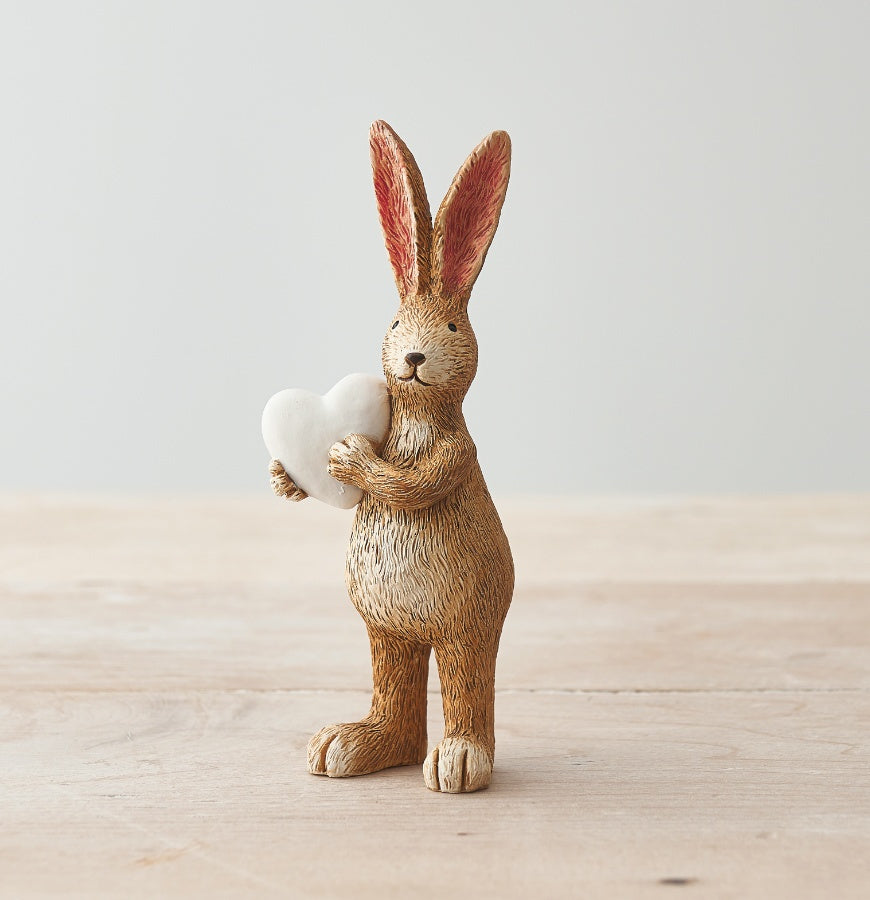 Shabbyquins Jasper Rabbit Ornament with white heart, sitting or standing decorative figurine for home decor.