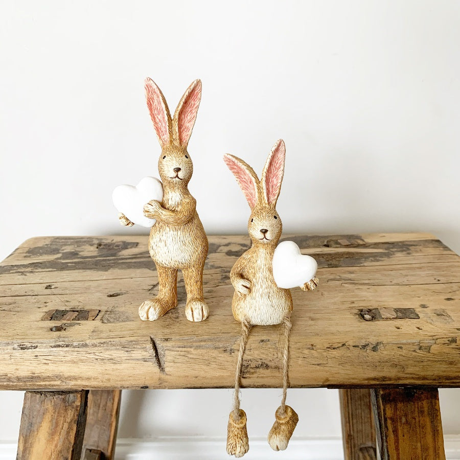 Shabbyquins Jasper Rabbit Ornament with white heart, sitting or standing, detailed resin figurine for decorative display