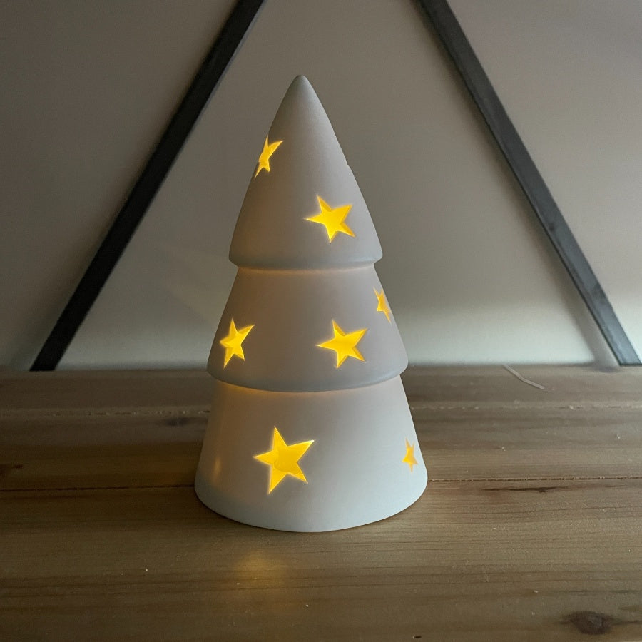 Set of 3 white light-up Christmas trees by Shabbyquins, featuring small decorative trees with glowing lights for holiday decor.