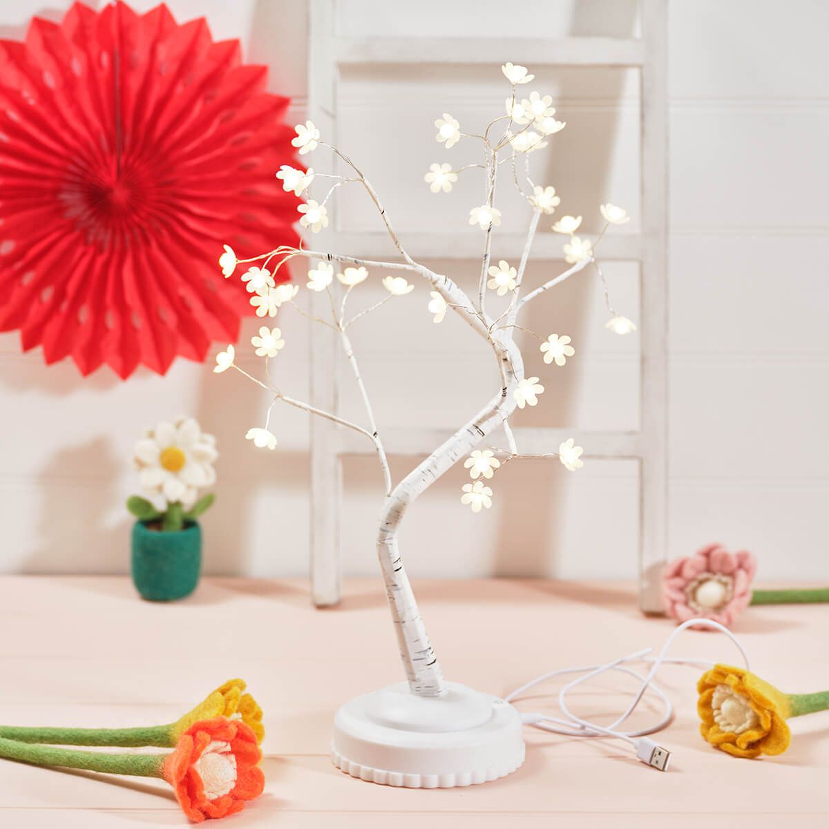 Warm Glow LED Blossom Tree by Sable Homeware — clear wire branches with soft warm white LED lights and delicate blossom-shaped heads