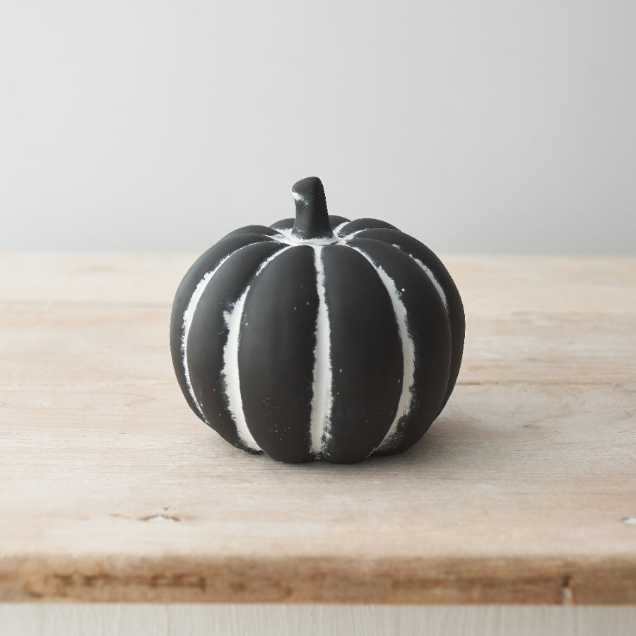 Black pumpkin ornament by Sable Homeware, featuring a glossy finish and decorative stem, ideal for Halloween or autumn decor.
