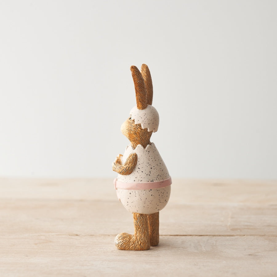 Shabbyquins resin rabbit ornament with speckled egg, featuring a detailed rabbit figure holding a decorated speckled egg.