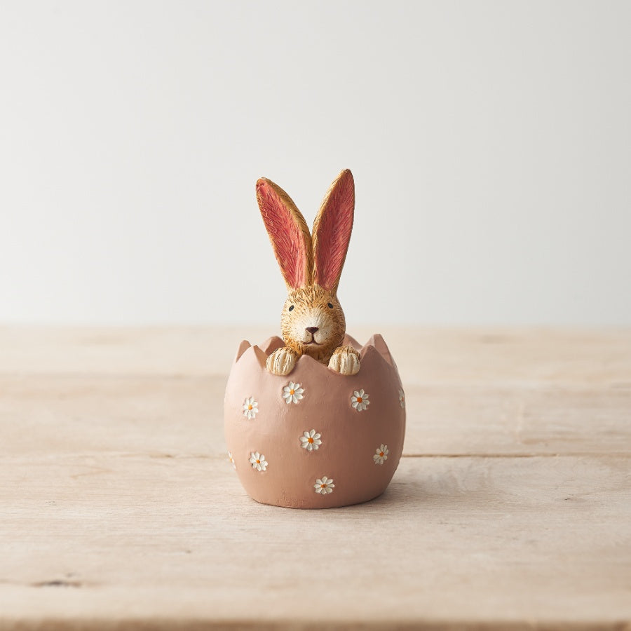 Shabbyquins Jasper Rabbit ornament nestled in a Daisy Egg, detailed ceramic figurine for spring and Easter decor.