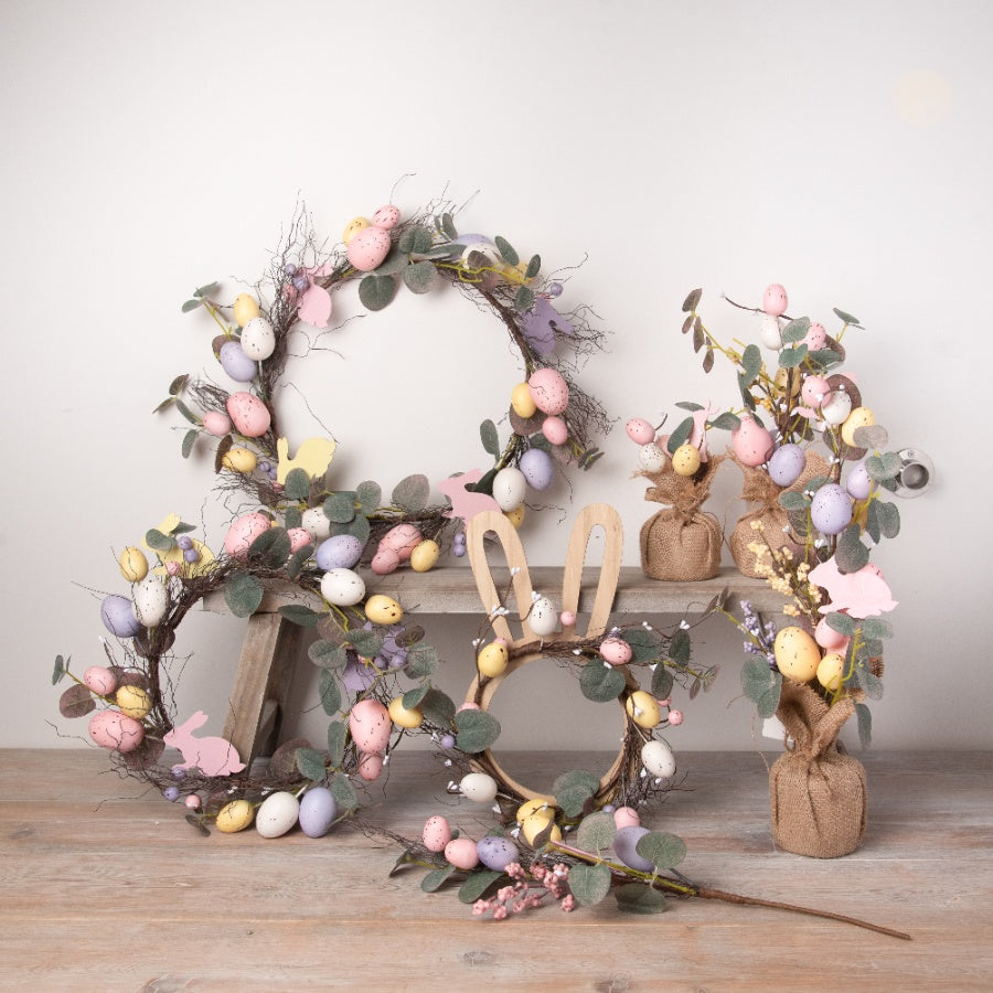 Artificial Pastels Easter Egg Wreath by Sable Homeware with pastel-colored eggs arranged in a decorative wreath.