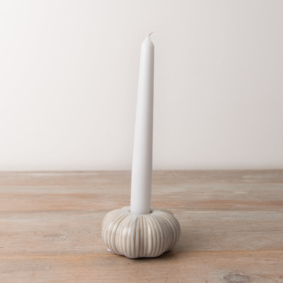 White pumpkin-shaped candle holder by Sable Homeware, decorative ceramic piece with carved pumpkin design for cozy ambiance.