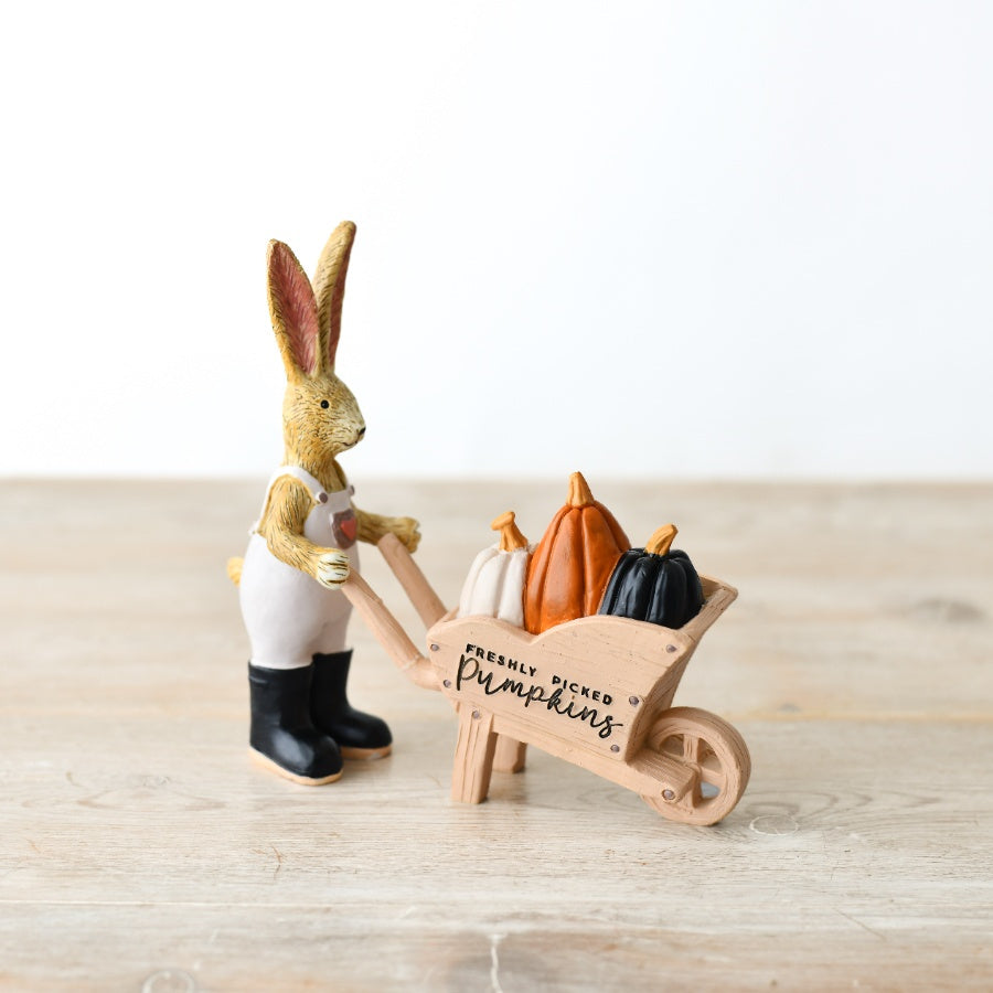 Shabbyquins Halloween rabbit ornament holding a wheelbarrow, detailed decorative figure for seasonal home decor.