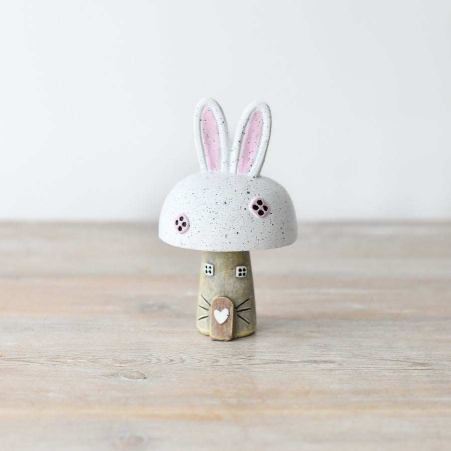 Shabbyquins Mushroom Bunny House Ornament featuring a whimsical mushroom design with a cute bunny figure, perfect for garden decor.