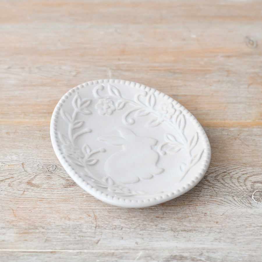 White embossed rabbit and flower china dish by Sable Homeware, decorative ceramic serving plate with intricate detailing.
