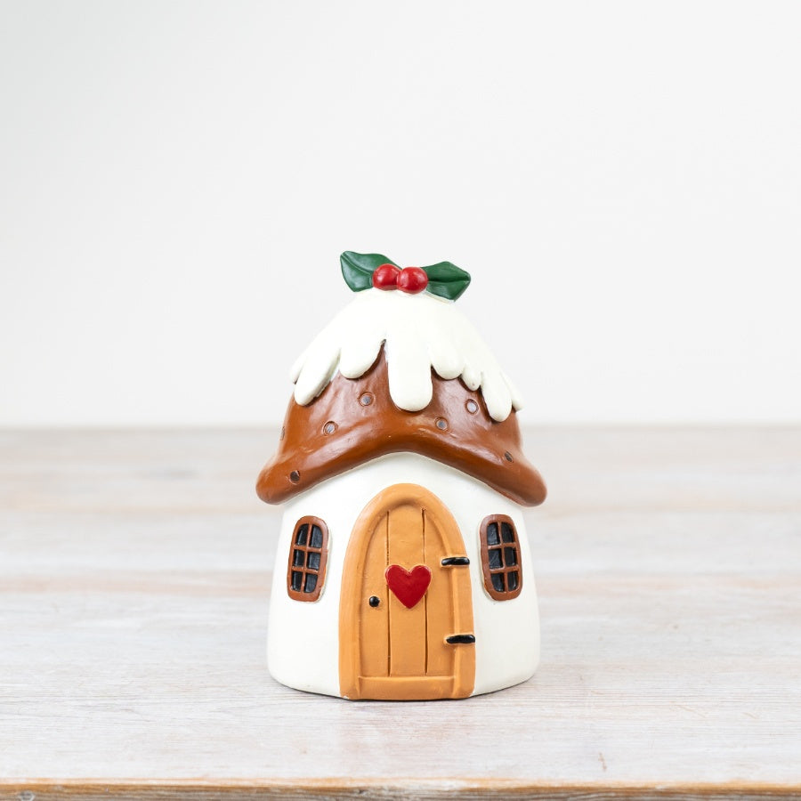 Sable Homeware Christmas Pudding House ornament, available in two sizes, featuring festive holiday decoration with detailed design.