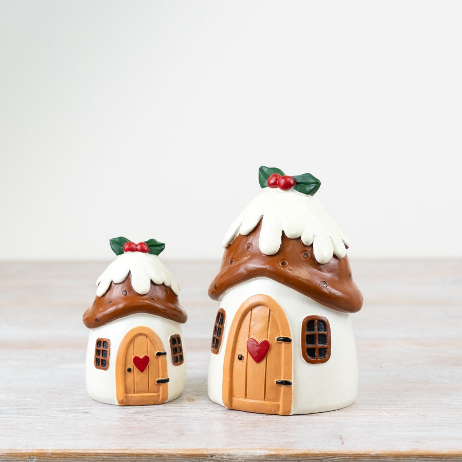 Sable Homeware Christmas Pudding House ornament in two sizes, detailed festive holiday decoration with a cozy pudding design.