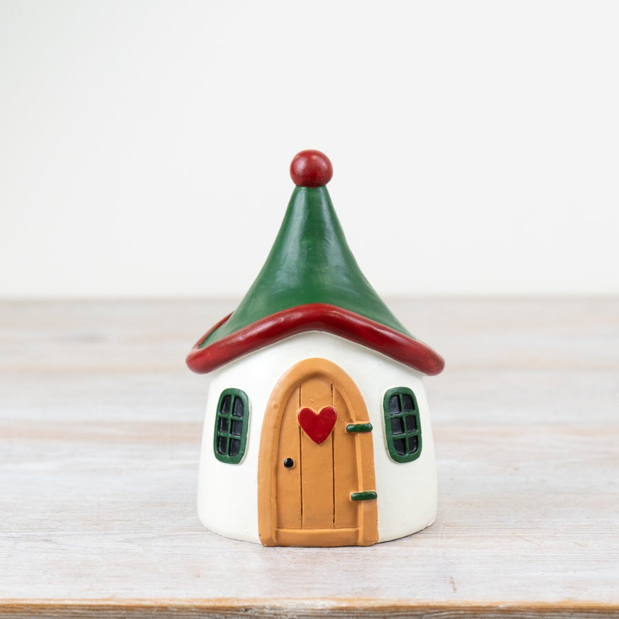 Shabbyquins Christmas Elf House ornament in two sizes, featuring festive elf-themed holiday decor with detailed craftsmanship.