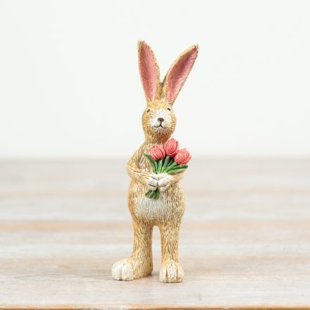 Jasper Rabbit Ornament with Tulips by Sable Homeware — small hand-painted resin rabbit holding a bunch of pink tulips