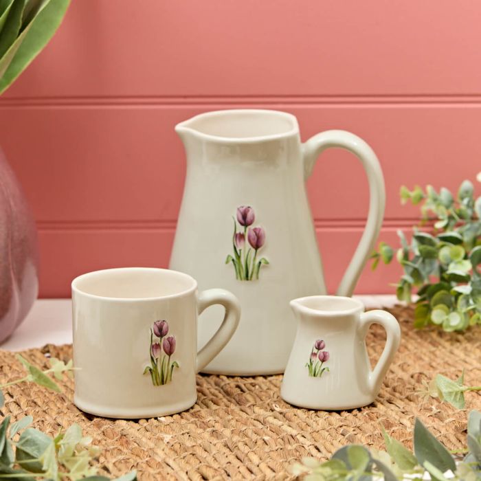 Large stoneware jug with tulip design by Sable Homeware, textured surface and wide opening for floral arrangements