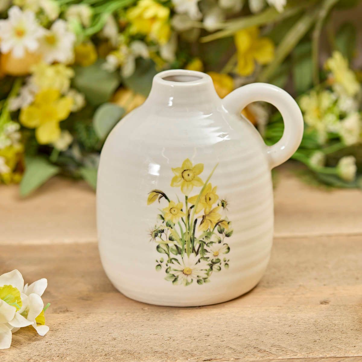Shabbyquins Daffodil and Daisy stoneware vase with floral design, featuring a textured ceramic surface and a classic shape.
