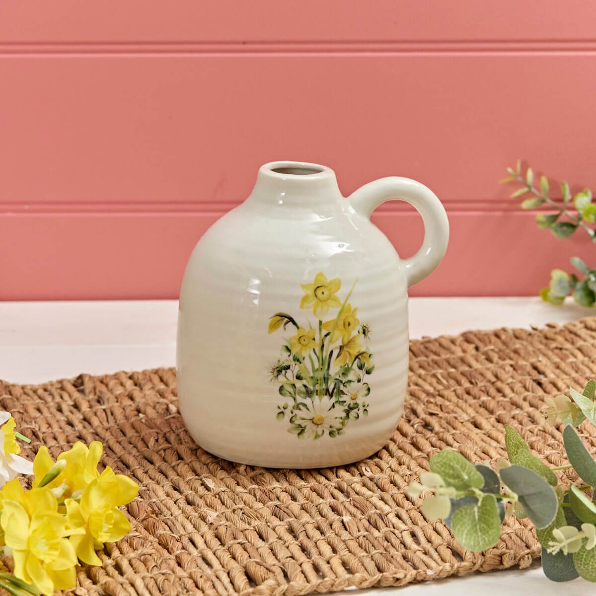 Sable Homeware Daffodil and Daisy Stoneware Vase with floral design and textured surface, ideal for home decor.
