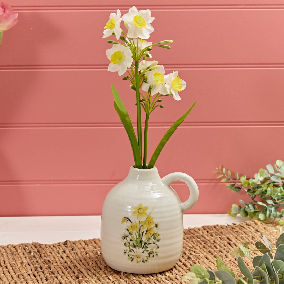Shabbyquins Daffodil and Daisy Stoneware Vase with floral design, featuring a rustic ceramic finish and a classic shape.