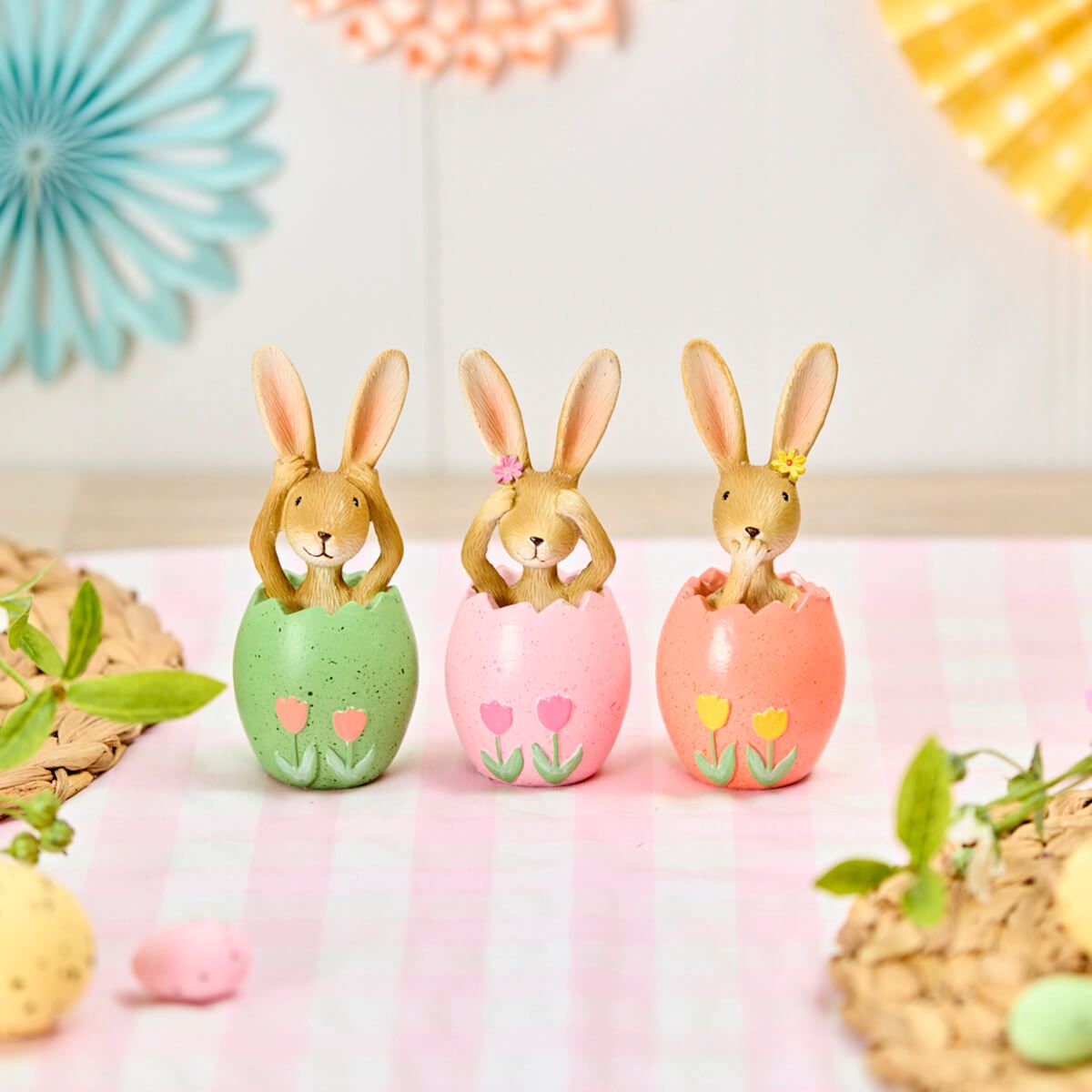 See Hear Speak resin bunny ornament by Shabbyquins, featuring cute bunny figures with detailed painted features.