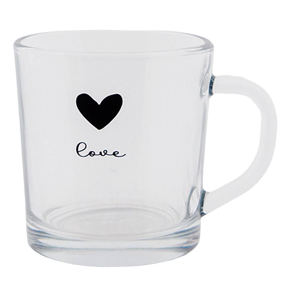 Shabbyquins glass heart mug filled with water, displayed alongside a matching water glass and carafe on a white background.
