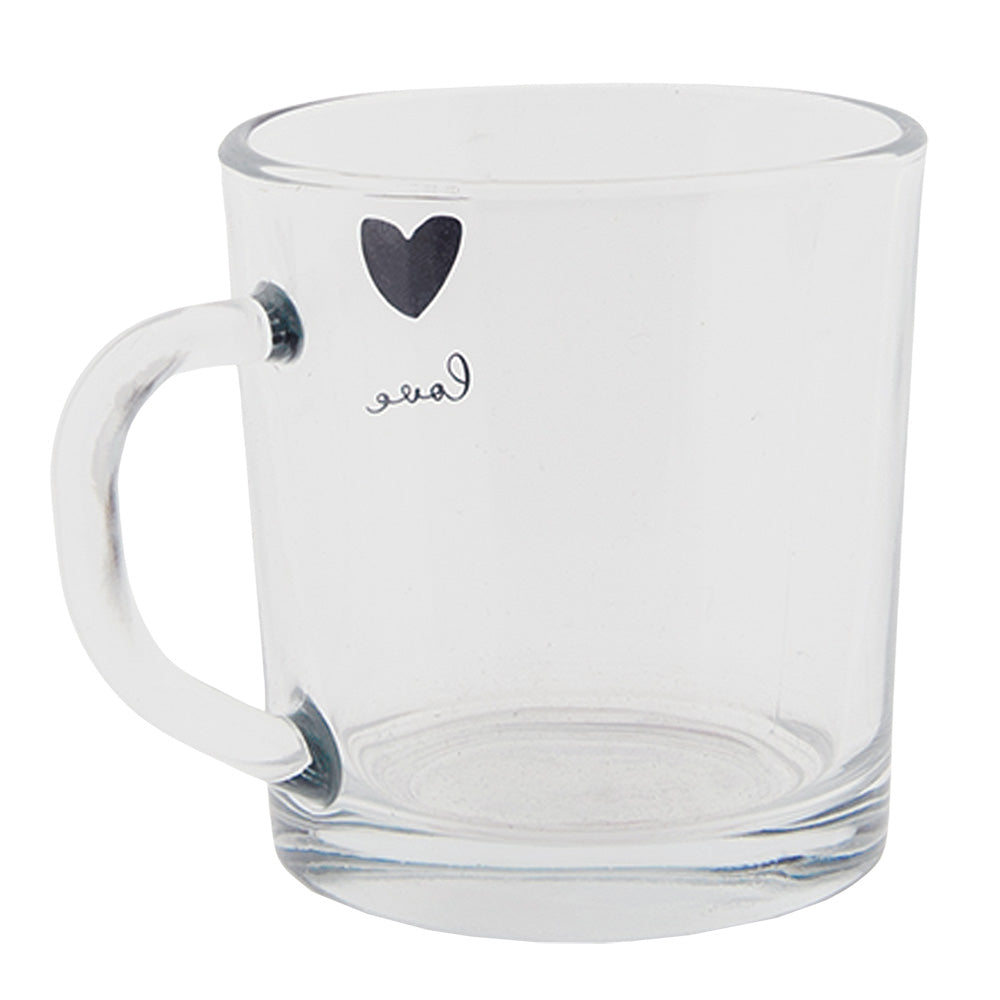 Shabbyquins glass heart mug, water glass and carafe set, clear glass with heart-shaped design, elegant and modern tableware.