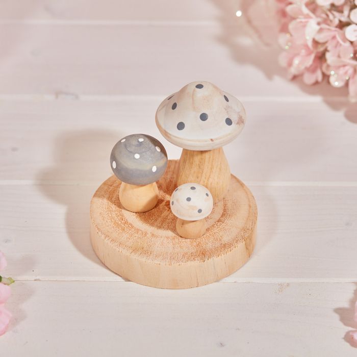Shabbyquins Spotty Mushroom wooden ornament with a whimsical, spotted design on a natural wood block.