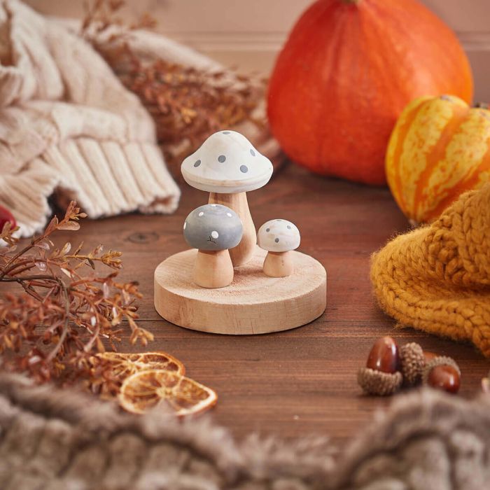 Shabbyquins Spotty Mushroom wooden ornament with a whimsical design, featuring a spotted cap and natural wooden base.