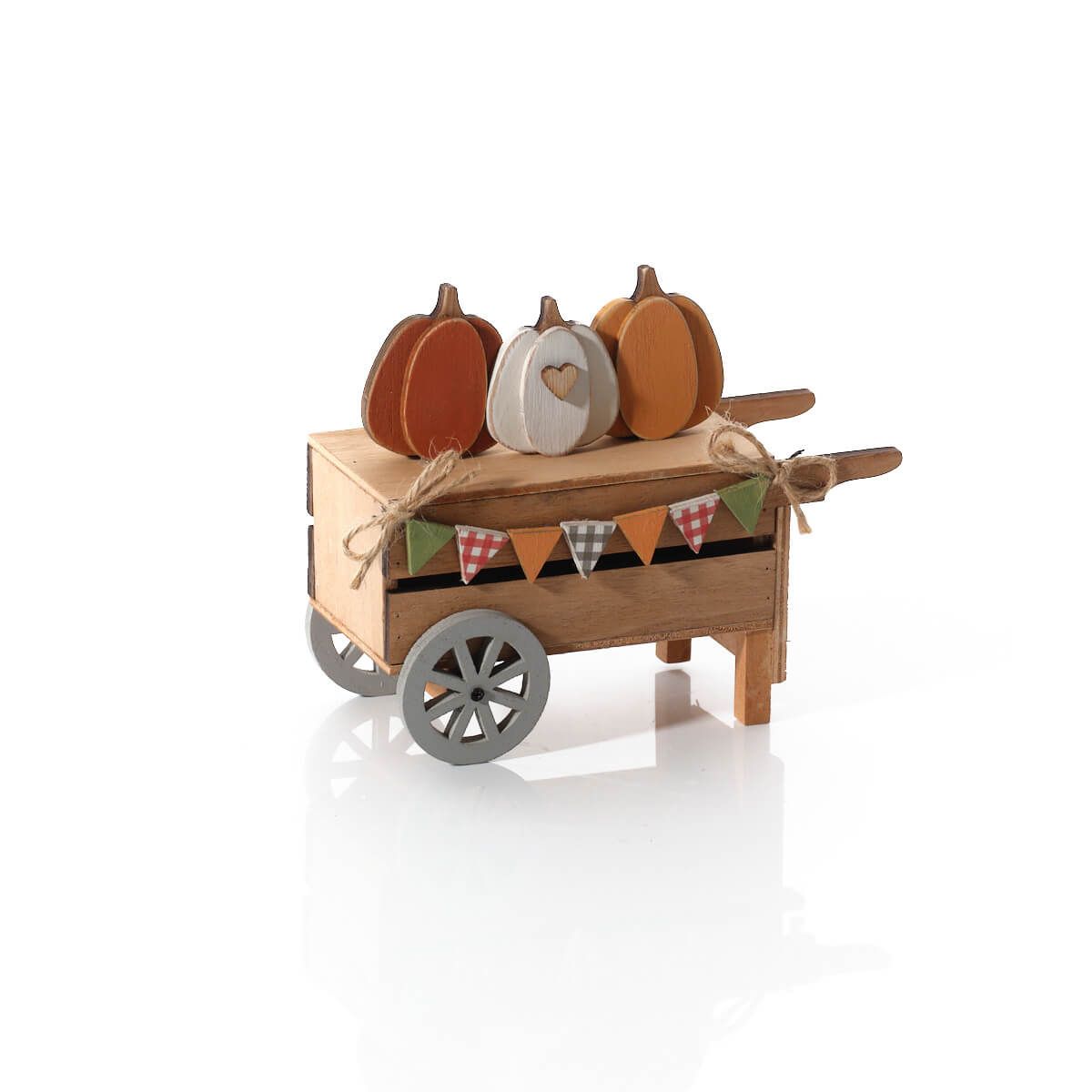 Shabbyquins Harvest Home wooden pumpkin cart ornament with rustic finish, perfect for fall decor and holiday displays.