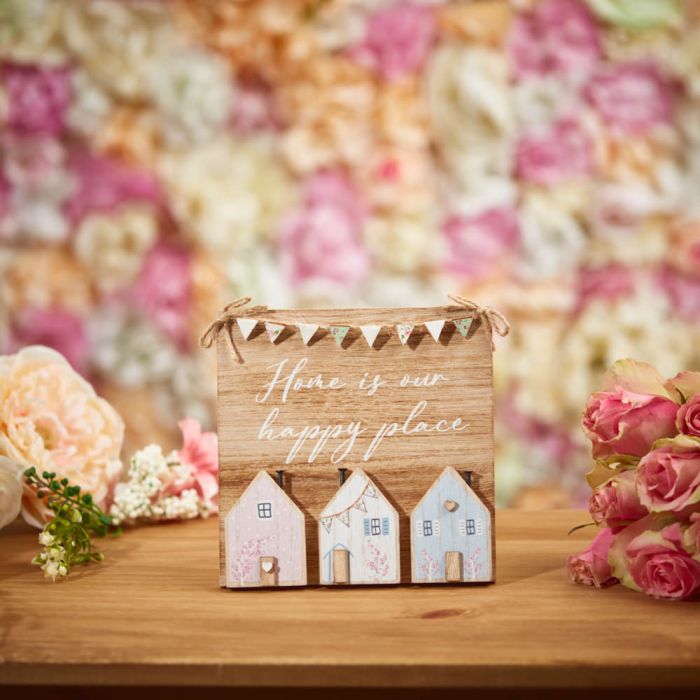 Shabbyquins Home Is Our Happy Place 3D house easel plaque with engraved lettering and decorative design.