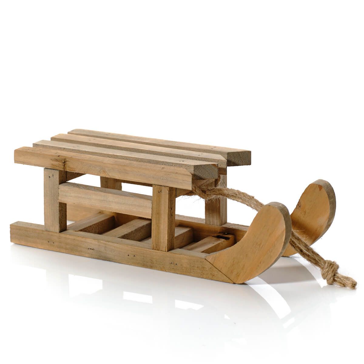 Recycled wood ornamental sleigh in two sizes, handcrafted decorative ornament by Sable Homeware with rustic detailing.