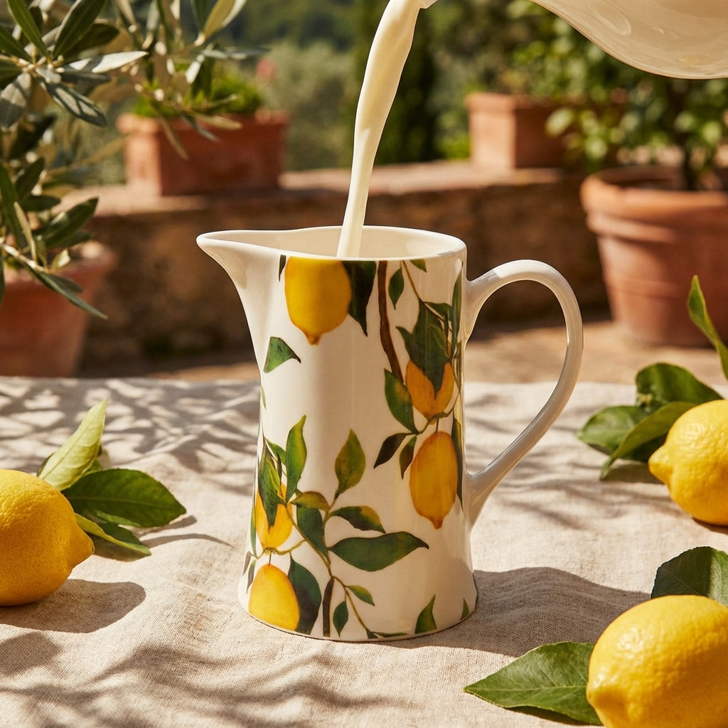 Sable Homeware Bone China Lemon Tree Jug with a vibrant lemon design, perfect for serving beverages in a stylish kitchen setting.