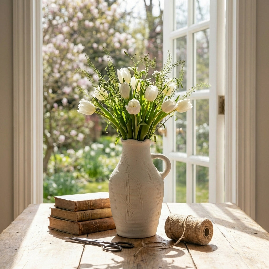 Elegant white Kate stoneware vase by Shabbyquins, featuring a sleek design perfect for spring home decor.