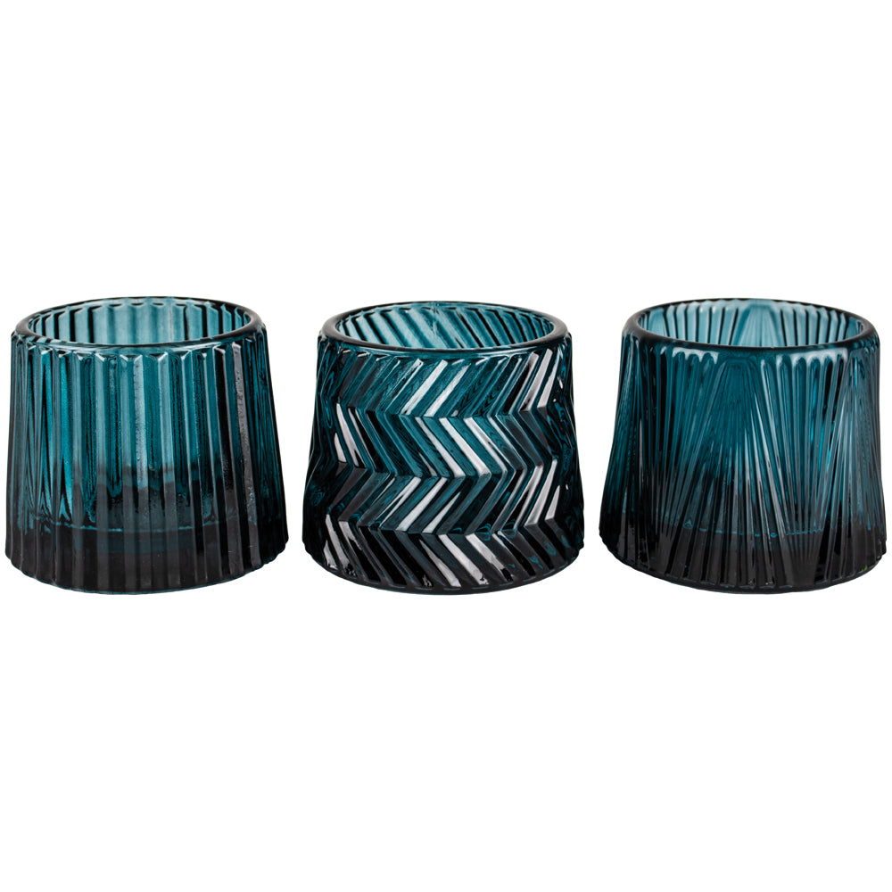 Set of three blue Sable Homeware Pontus tea light candle holders with sleek, modern design for decorative lighting.