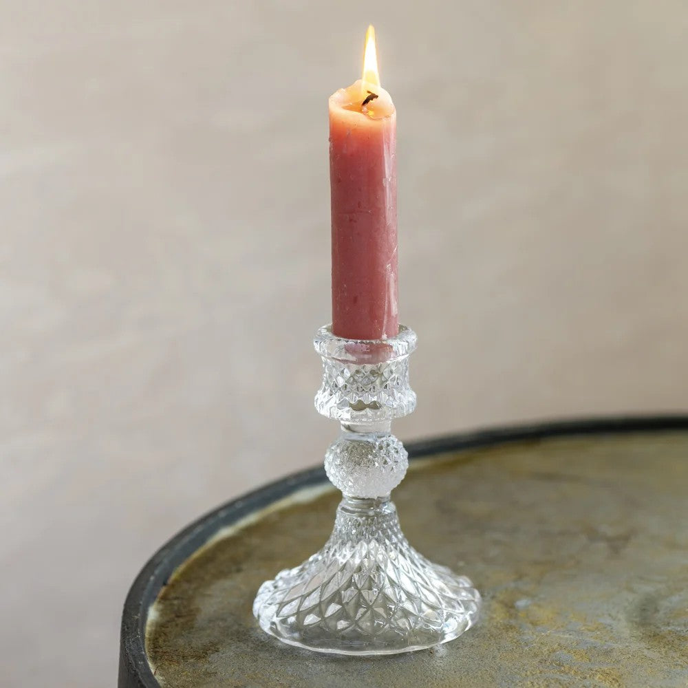 Colorful glass harlequin candlestick holder by Sable Homeware, showcasing vibrant geometric patterns in assorted colors.