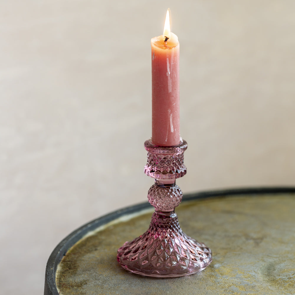 Colorful glass Harlequin candlestick holder by Sable Homeware, featuring a vibrant, patterned design for decorative candle display.