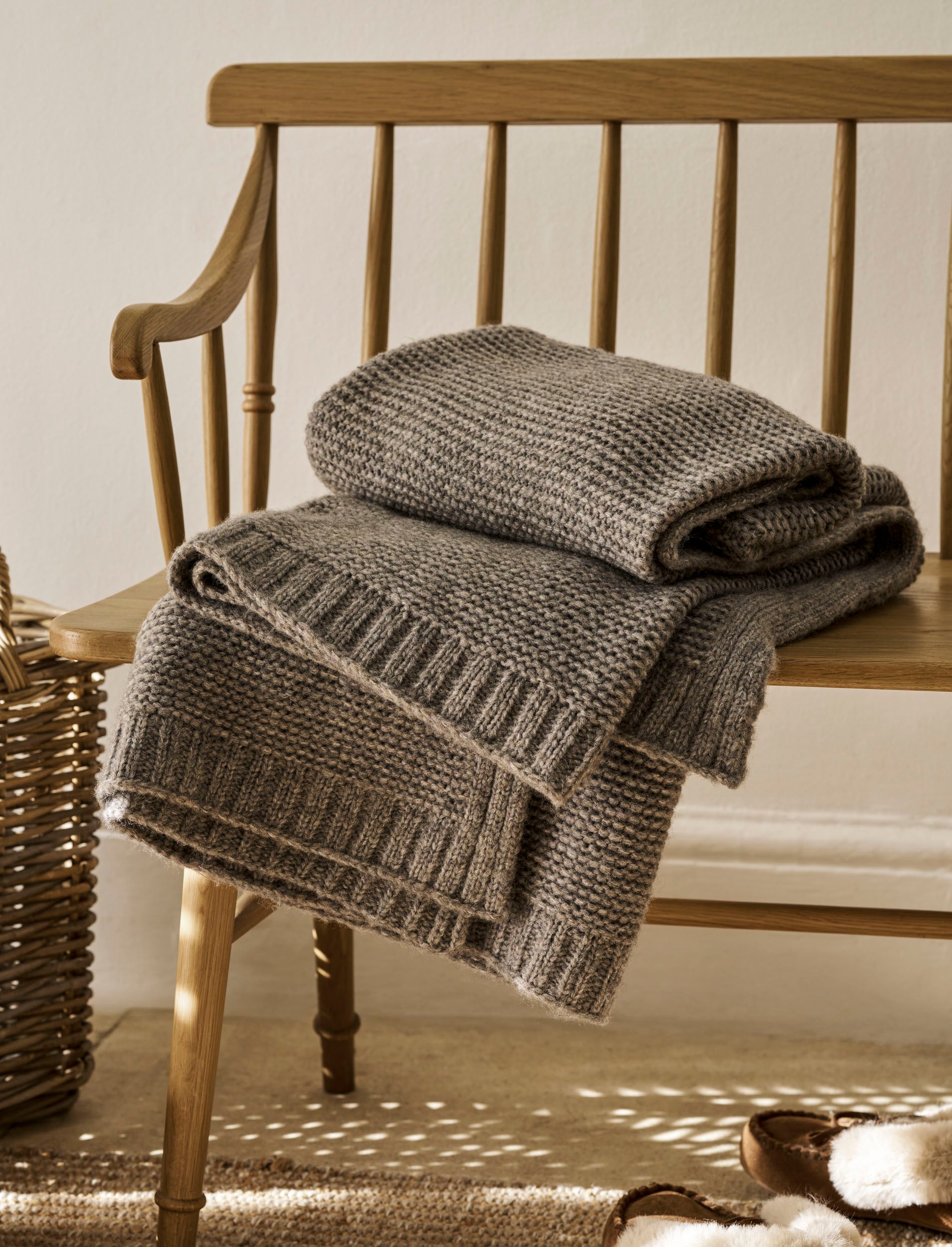 Grey Cable Knit Wool Throw