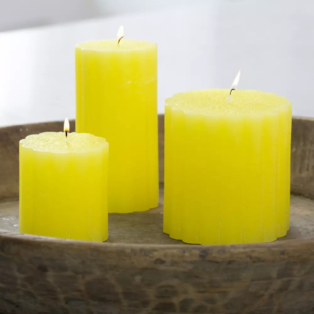 Rustic scalloped lemon pillar candles from Sable Homeware, featuring a textured citrus design for cozy home decor.