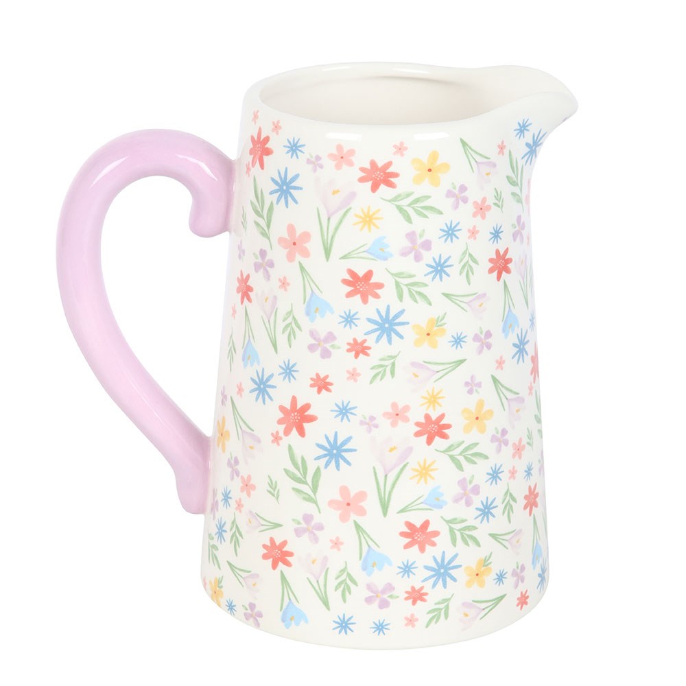 Sable Homeware floral print spring jug with colorful flower design, ceramic pitcher for serving beverages or decorative display