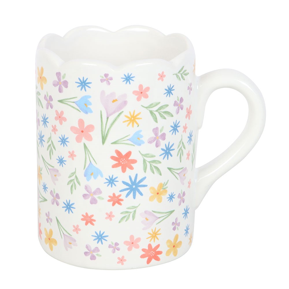 Sable Homeware floral print scalloped mug with colorful flower design and scalloped edge, ceramic coffee or tea cup.